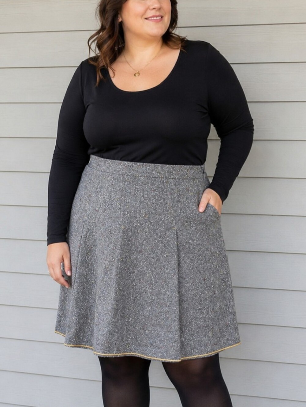 Parallel Speckled Tweed Pleated Skirt Gold Trim Size 14